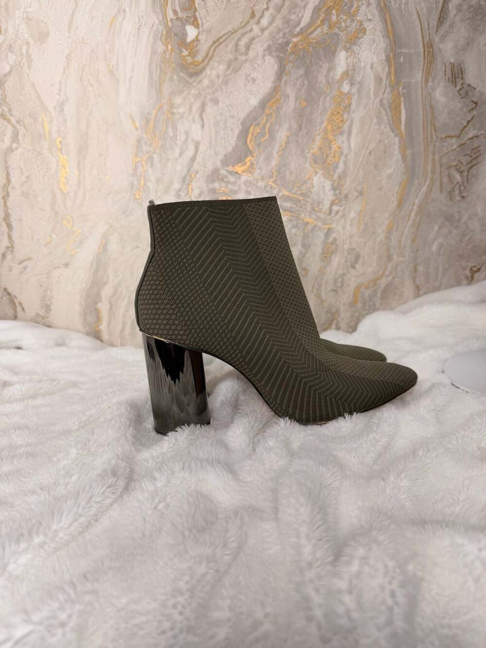 ZARA Olive Green Chevron Textured Block Heel Sock Booties